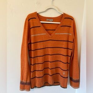 Smartwool W’s Orange Striped V-Neck Sweater Sz XL Pullover Lightweight 100% Wool